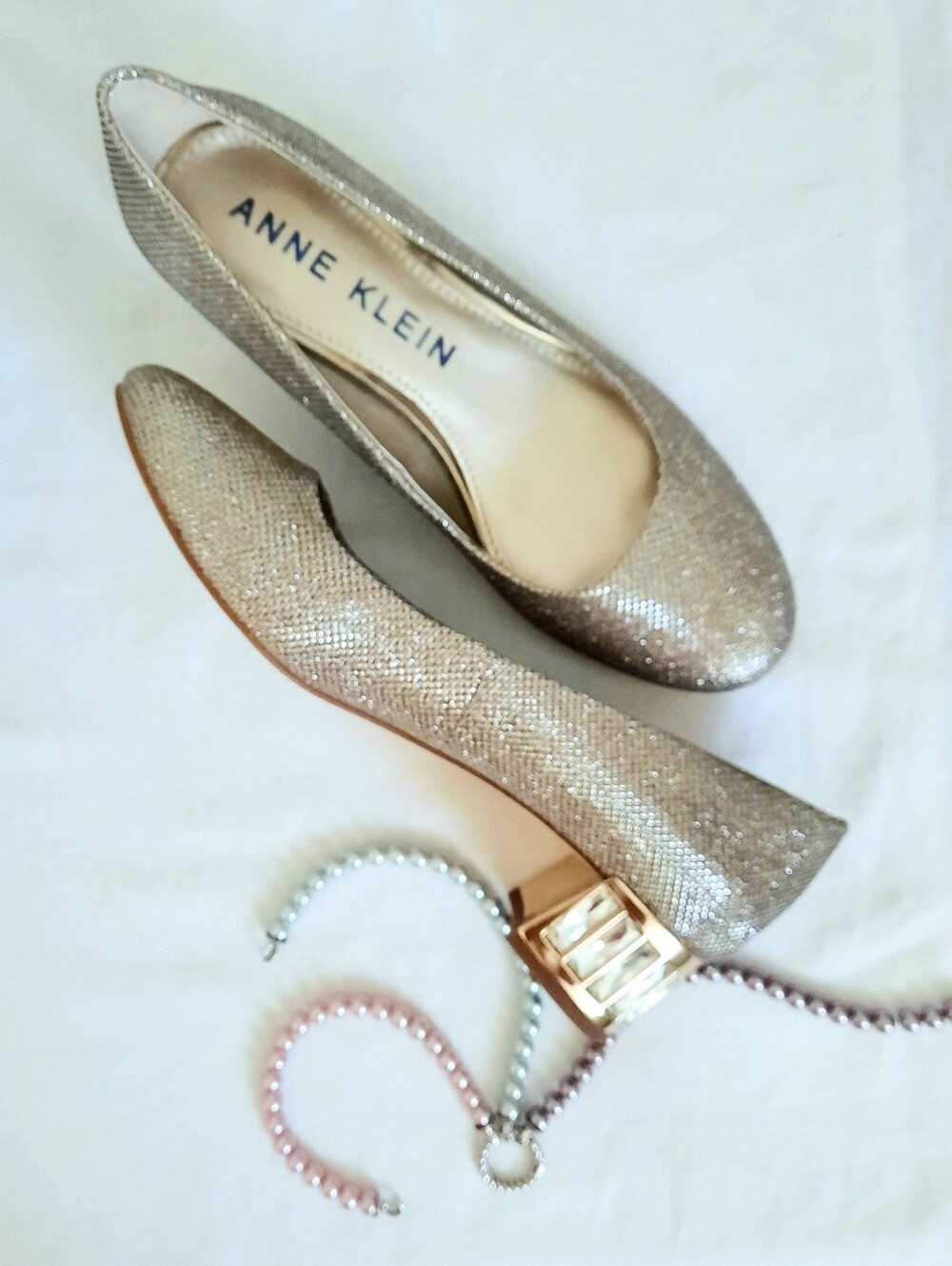 ANNE KLEIN Silver Gold Sparkle, Rhinestone Clad Low Heels, Almond Toe